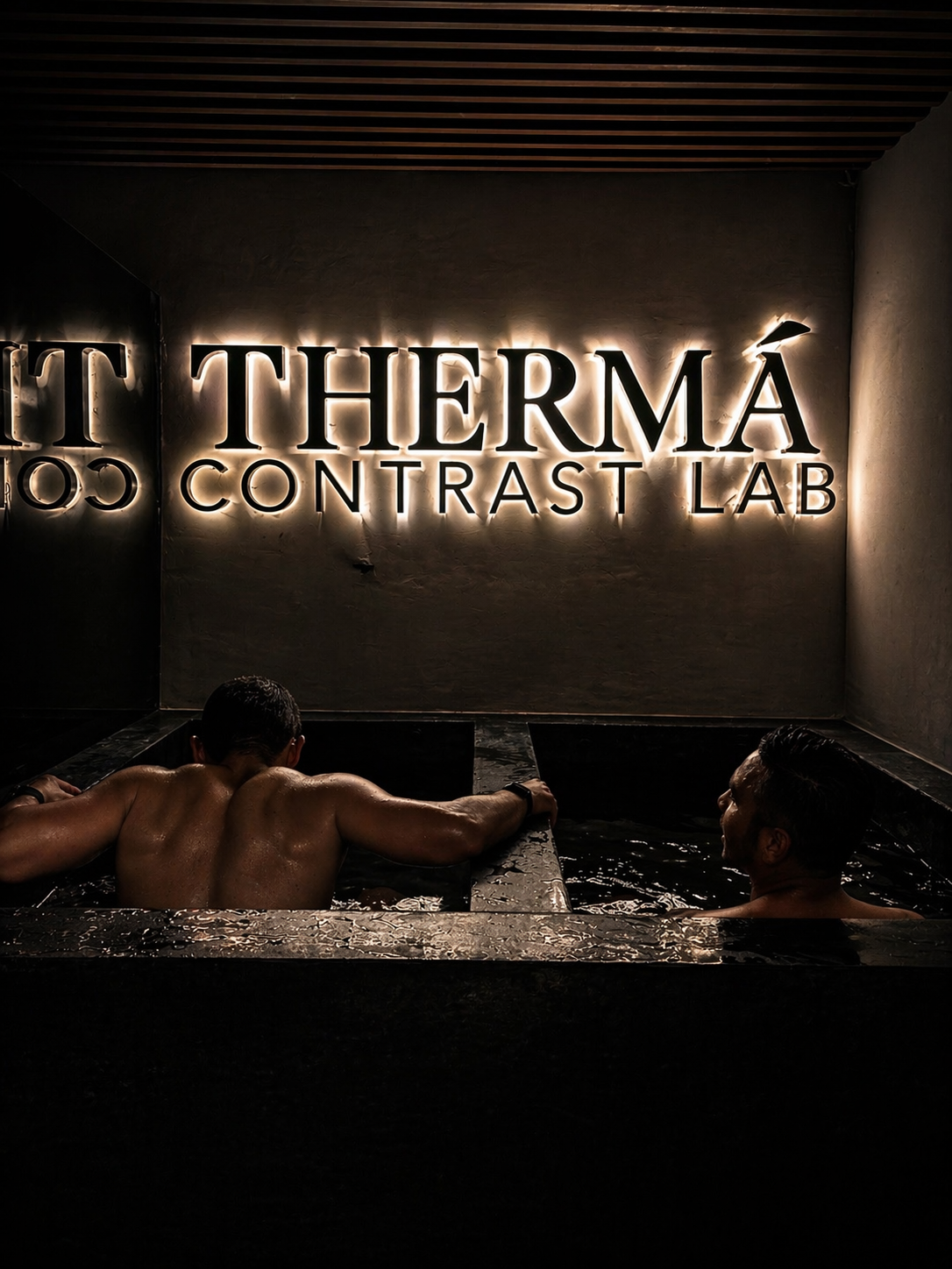 Dos personas en la tina de contraste bajo el letrero THERMÁ.